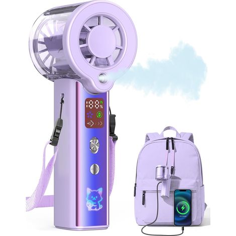 Upgraded Misting Handheld Fan, 30000RPM Rechargeable Mini Fan with Spray Cooling, 4000mAh LED Display for Travel & Makeup,Purple (1/5)