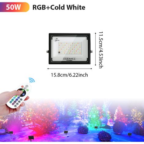 50W LED Außenstrahler RGB + Kaltweiß, Flutlicht mit Fernbedienung, IP65 Wasserdicht für Balkon und Dekobeleuchtung
