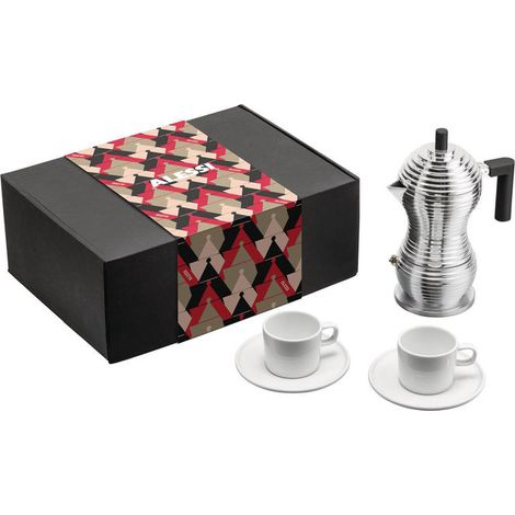 Alessi Coffee Gift Set Pulcina MDL02BSET - Caffettiera Espresso 3 Tazze in Alluminio con Induzione + 2 Tazze e Piattini in Porcellana