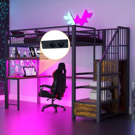 Lit mezzanine métal 90x200 cm noir avec bureau, étagères, armoire et échelle rangement - Équipé de bande lumineuse et prise (sans Matelas) (1/5)