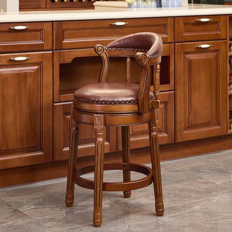Silla de bar giratoria de cuero y madera marrón OKMYHOME (1/5)
