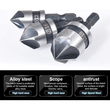 Juego de 3 brocas avellanadoras (12 mm/16 mm/19 mm) para carpintería. Juego de metal de cambio rápido. (1/5)