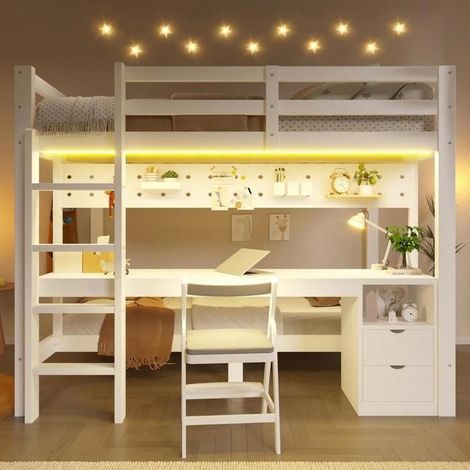 Lit mezzanine - KOMHTOM - 90x200 / 140x200 évolutif - Pin massif & MDF - Tiroirs et bureau - LED intégrée (1/5)