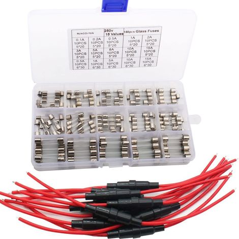 Kit fusibles verre 150 pièces 250 V 0,1 A, 0,2 A, 0,5 A, 1 A, 2 A, 3 A, 5 A, 8 A, 10 A, 15 A, 5 x 20 mm 12 V AGC (1/5)