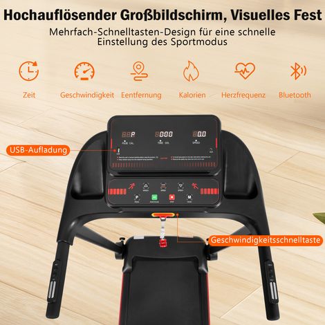 Tapis de course pliable inclinaison 8% jusqu’à 14 km/h 3,0 ch,charge 120 KG affichage LED Bluetooth silencieux