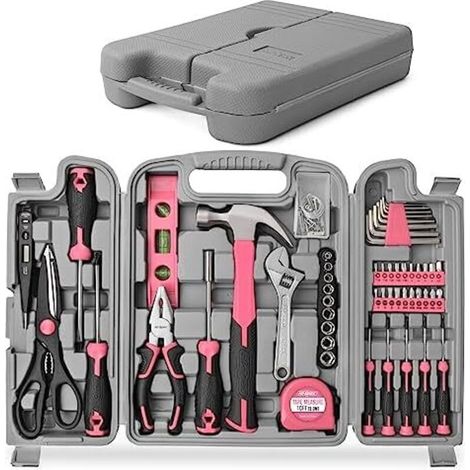Complete Pink Tool Case 56 Pieces - Tool Set with Storage Box - Hammer, Scissors, Screwdriver, Allen Keys and Tool Kit - for Home or Work Use (1/4)