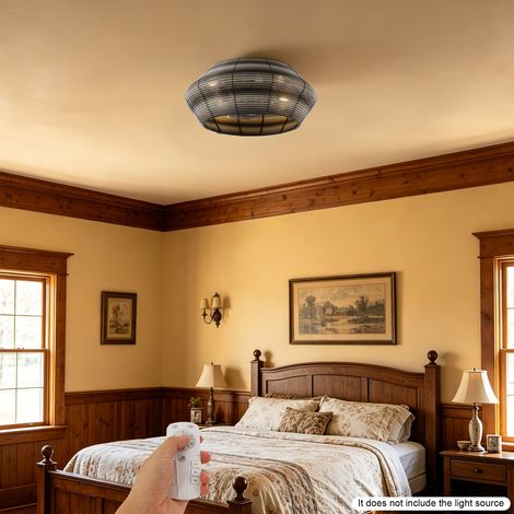 【Chauffage et ventilation】Ventilateur de plafond avec éclairage, douille E27 de style rétro, télécommande, 6 vitesses avec minuterie, suspension en osier tressé naturel (1/5)