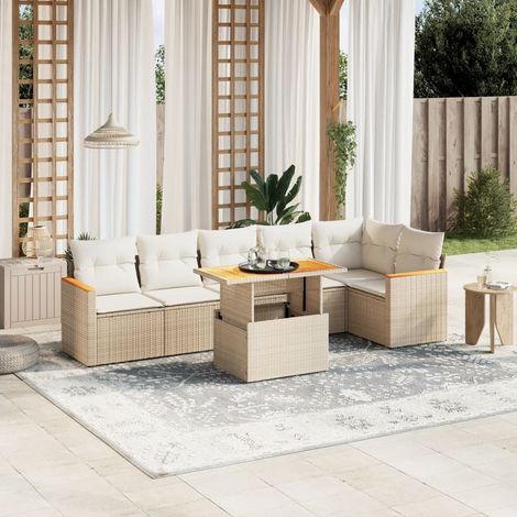 Canapé de jardin 7 pièces en résine tressée beige avec coussins crème, table réglable 100x55 cm et structure modulaire (1/3)