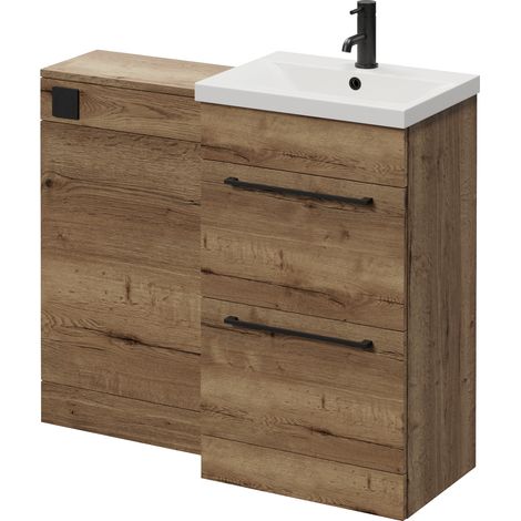 Napoli 390 Tobacco Oak 1000mm 2 Drawer Vanity Unit Toilet Suite with Glide Basin - 1000mm - Matt Black 320mm HandleWithout Kingston Toilet Pan