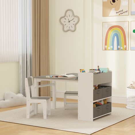 Kindertisch- und Stuhlset für 3- bis 8-Jährige mit 2 Stühlen und einem Couchtisch mit Stauraum, Kindermöbel aus MDF, Kiefernholz und Vliesstoff, Grau und Weiß
