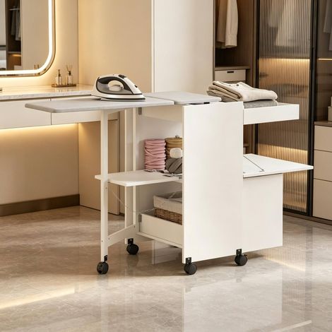 Meuble de repassage pliant 154/55/87 cm blanc avec roulettes, rangement et porte-linge (1/5)