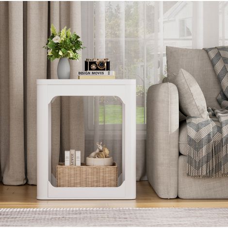 Lot de 2 tables d'appoint 50x40x60 cm blanches en MDF avec double niveau et bords arrondis (1/5)