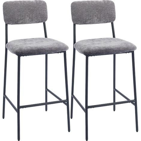 Lot de 2 tabourets de bar rembourrés avec dossier et repose-pieds, tissu gris, structure acier, 45,5 x 48 x 101 cm (1/5)