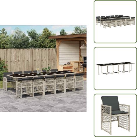 13-tlg. Garten-Essgruppe mit Kissen Hellgrau Poly Rattan - Gartengestelle - Gartenmöbelset - Outdoor Möbel - Esstisch - Gartenstühle