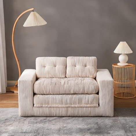 Canapé convertible 2 places en tissu velours côtelé beige (1/5)