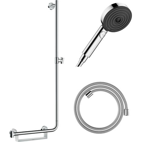HANSGROHE Unica 110 PMR barra de ducha con tirador a la izquierda Cromo + Rociador Pulsify Select 3 chorros + Flexo Designflex 160 cm (1/4)