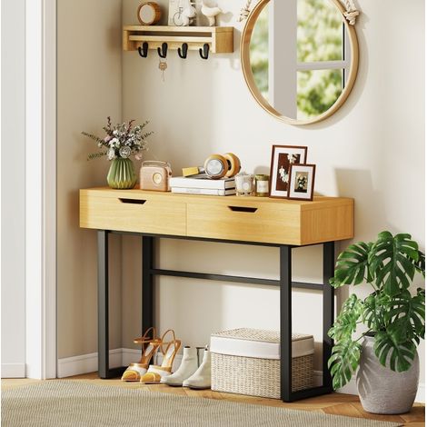 Console étroite avec 2 tiroirs, cadre en métal, 110 x 35 x 76,5 cm, bois naturel REDOM (1/5)