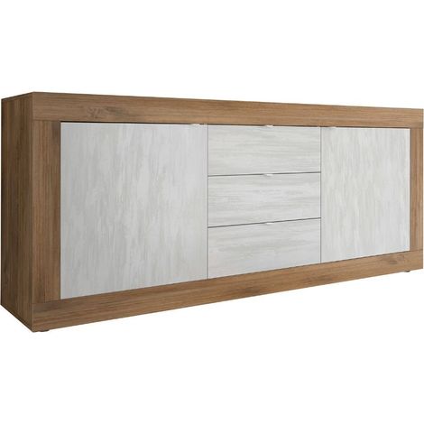 Buffet 2 portes 3 tiroirs aspect bois finition Mercure façades blanc texturées - OTELLO (1/5)