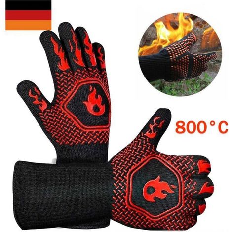 Gants de barbecue - - Lot de 2 - Ignifuges jusqu'à 800°C - Résistants à la chaleur - Rouge