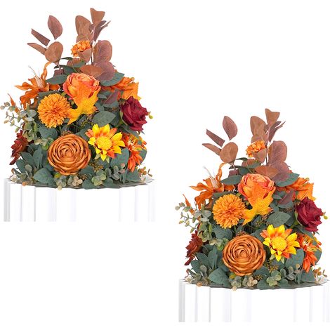 Strauß aus 2 künstlichen Blumen aus Seidenstoff mit Kunststoff-Steckschaumbasis, orangefarben, ideal für Hochzeitsdekorationen. (1/2)