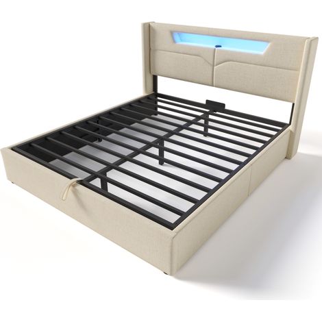 Cama doble con canapé 160x200 cm tapizada con LED, USB y Type-C, lino beige HOMVRA (1/5)