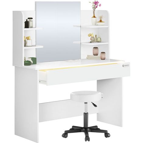 CASARIA® Coiffeuse Lucia Blanc avec assise tabouret à roulettes 110x40cm tiroir avec compartiments rangement table de maquillage Avec tabouret (1/5)