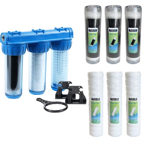 Pack filtre à eau Triplex 3/4 équipé avec cartouche + 2 cartouches coton + 2 cartouches charbon (1/5)