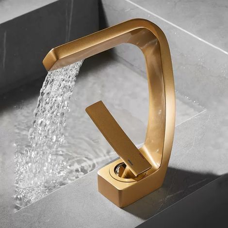 Robinet de lavabo tout cuivre, design luxueux doré avec effet cascade créatif, robinet monotrou pour lavabo, eau chaude et froide. (1/5)