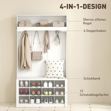 Armoire blanche avec étagères, banc intégré, crochets et rangement à chaussures, en panneaux de particules et MDF, meuble multifonction pour entrée ou salon (1/5)