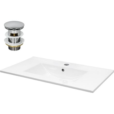 ECD Germany Lavabo da Incasso 810 x 465 x 175 mm in Ceramica Bianca incl. Set di Scarico con Troppopieno Lavandino Rettangolare Lavamano per Bagno con Piletta Tappo per Scarico (1/5)