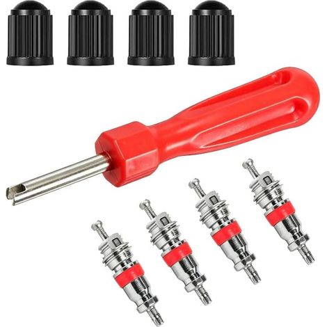 Extracteur d'inserts de valve avec 4 embouts et bouchons pneu, rouge à tête unique, outil réparation pour vélo, voiture, moto, camion - (1/5)