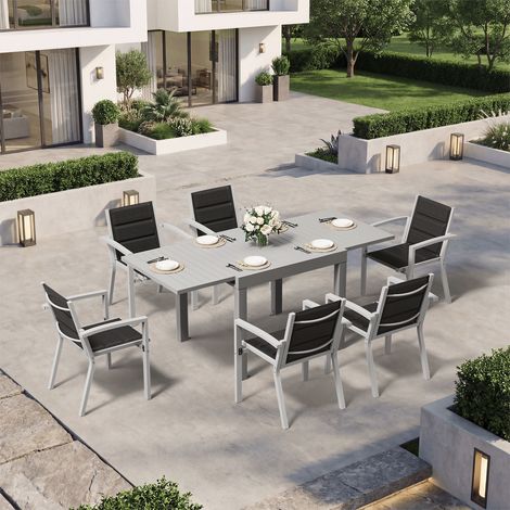 Ensemble Table Chaise Jardin 6 personnes, Table Jardin Chaise en Aluminium, 6 Chaises Jardin Empilables et 1 Table Jardin Extensible (80/160 cm), Imperméable, Antirouille, Tout Temps, Gris Clair (1/5)