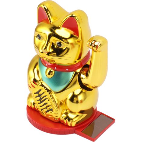 Chat porte-bonheur solaire de 15 cm (6 pouces) avec patte qui remue, idéal pour la maison, la voiture ou le bureau (couleur or).