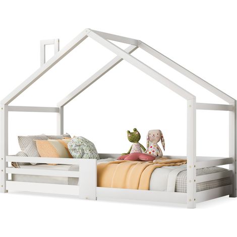 Lit cabane enfant 90 x 200 cm avec barrière de sécurité, toit cheminée décoratif, sommier à lattes, bois blanc, sans matelas CHICFURN (1/5)