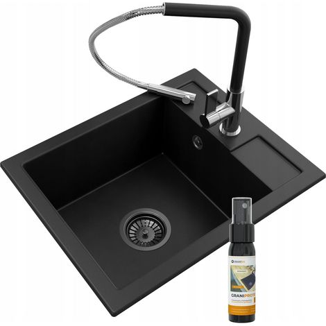 ÉVIER EN GRANIT + ROBINET NOIR + SIPHON NOIR (1/5)
