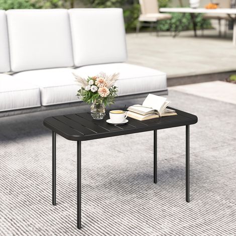 Outdoor-Couchtisch, wetterfester rechteckiger Metall-Patiotisch mit Lamellentischplatte für den Außenbereich