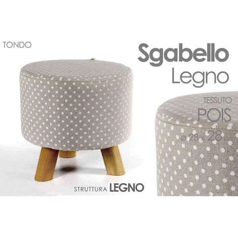 Trade Shop - Pouf Sgabello Poggiapiedi Tondo Struttura Legno Tessuto Pois Crema 28x28cm 823558 - (1/2)