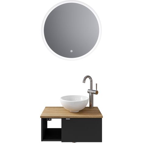 Badmöbel Set 2-teilig mit 60 cm Waschtisch, Türanschlag rechts in schwarz matt mit Eiche AMADORA-66 (1/5)