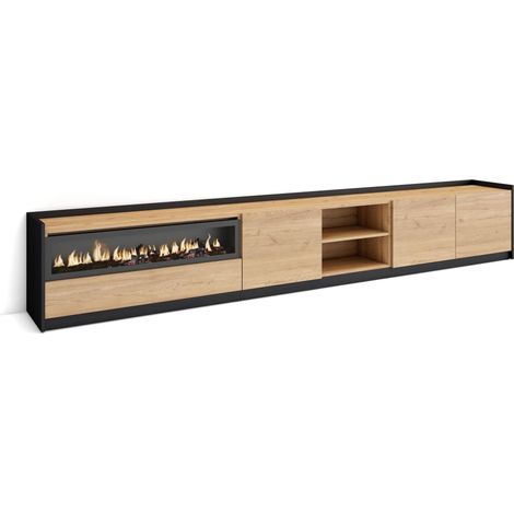 Skraut Home - Mueble TV, Televisión, 310x37x50cm, Para TV hasta 80", Chimenea eléctrica, Roble y negro (1/5)