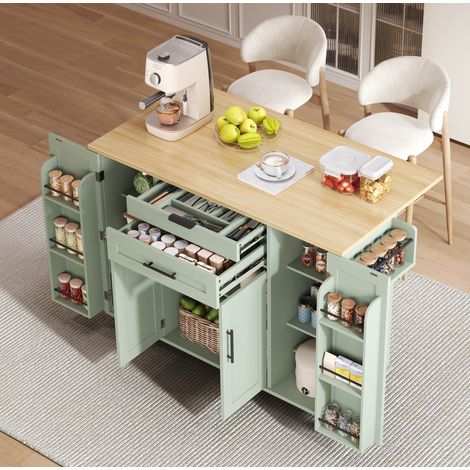 Isola da cucina mobile con piano di lavoro estensibile, contenitori, verde antico DESVIAE (1/5)