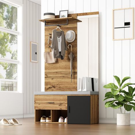 Ensemble d’entrée 190 cm avec miroir, banc rembourré, armoire, tiroir et patères (1/5)
