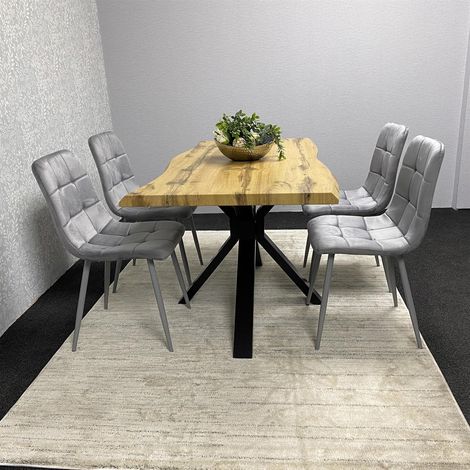 Wooden Brown Dining Table with 4 Grey Velvet Chairs, Stylish Dining Room Furniture (1/5)