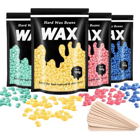 4 Arômes Perles de Cire Épilation - 4X 100G Indolores, Nettoyantes Avec 10 Applicateurs - Pour Tout le Corps, Visage, Aisselles, Bikini, Hollywood (1/5)