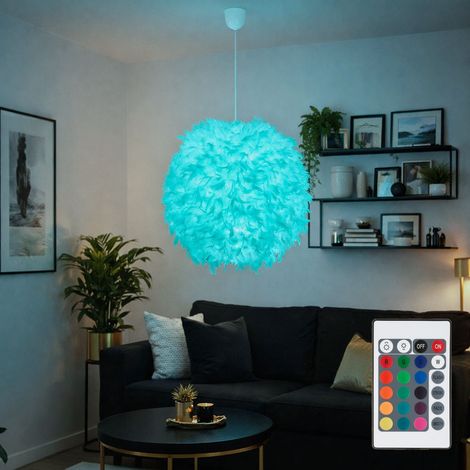 LED Pendellampe dimmbar mir Fernbedienung LED Hängelampe Federlampe Schlafzimmerlampe Wohnzimmer, Textil weiß Federn, 8,5W 806m warmweiß, DxH 60x130 cm