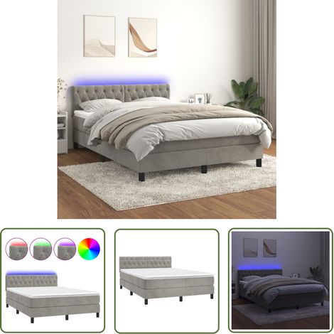 The Living Store Boxspringbett mit Matratze & LED Hellgrau 140x190 cm Samt - Boxspringbett - Samtbett - Doppelbett - LED Beleuchtung - Matratze Inklusive (1/5)