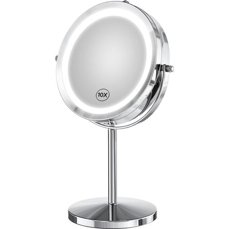1 Miroir, double face, LED, grossissant x10, 18 cm, rotation 360°, piles, salle de bain, chambre (1/5)