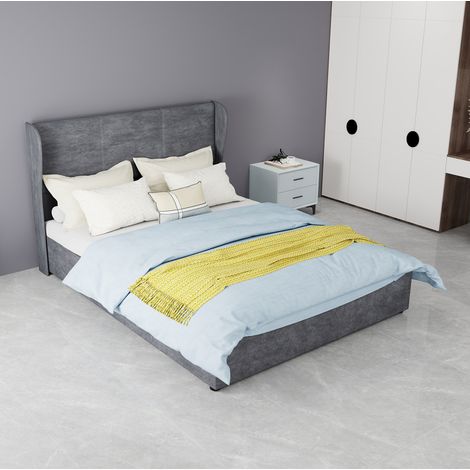 Lit coffre tapissé 140/200 cm gris en tissu et métal à tête de lit rembourrée (1/5)