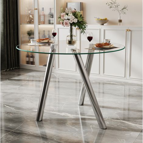 Esstisch 89 cm Silber aus Metall und gehärtetem Glas mit runder Tischplatte (1/5)