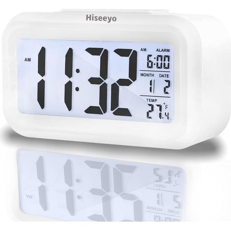 Réveil blanc avec affichage LED, calendrier, répétition, numérique, réveil à piles pour chambre (température) (1/5)