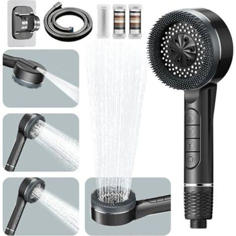 Pommeau de douche haute pression, pommeau de douche anticalcaire, avec flexible de douche de 1,5 m et support de douche, 4 modes de jet - Gris (1/5)
